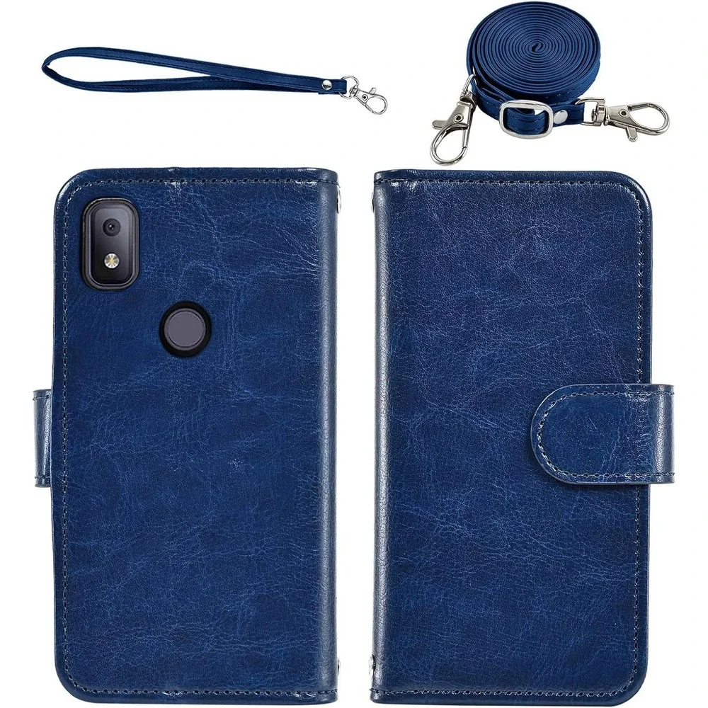 T Mobile Revvl‎ 4 Wallet Case Leather Blue Zipper Card Holder Lanyard Strap